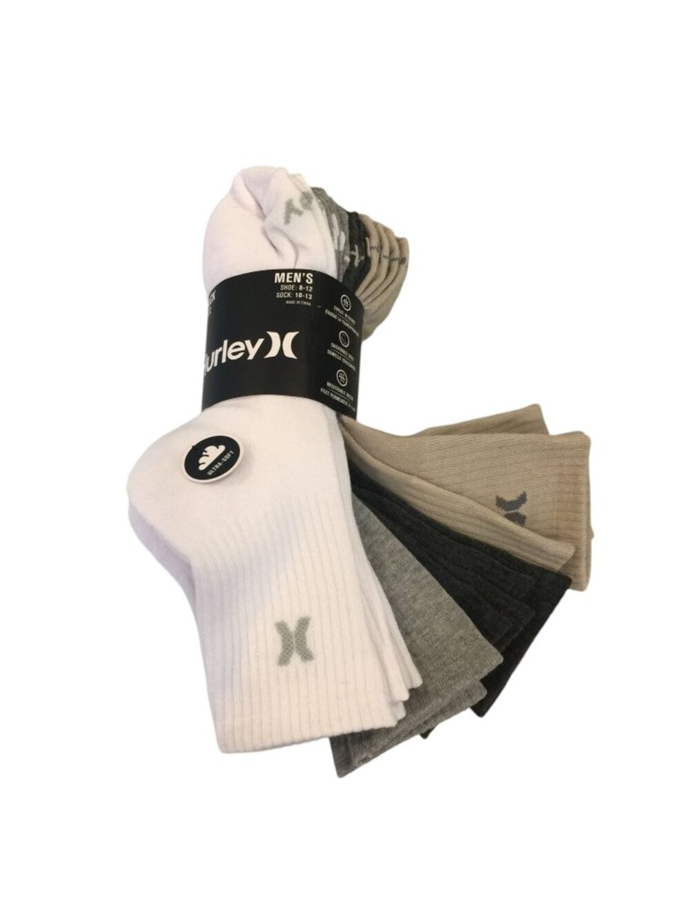 Hurley Men's Hi Quarter Socks Set of 6 Size 8-12 White Gray Taupe Charcoal